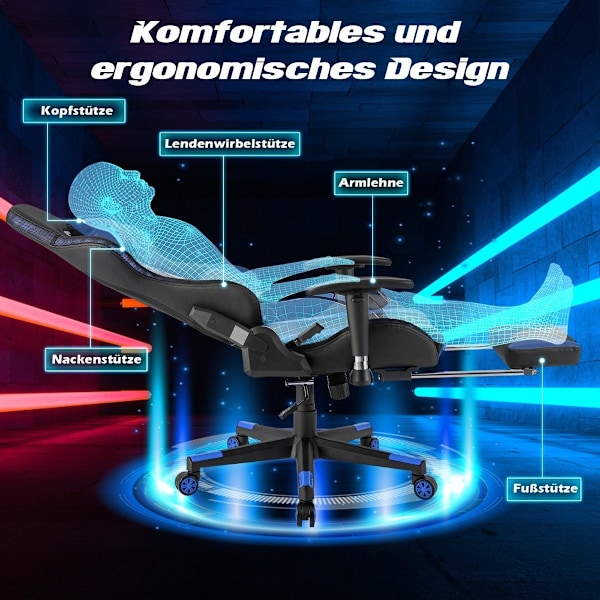 Gamingstol med RGB LED-lys og udtrækkelig fodstøtte Ergonomisk kontorstol Blå