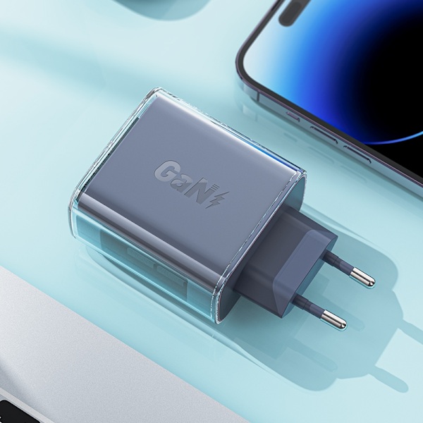 GaN 65W netværksoplader 3 porte 1x USB 2x USB-C pink