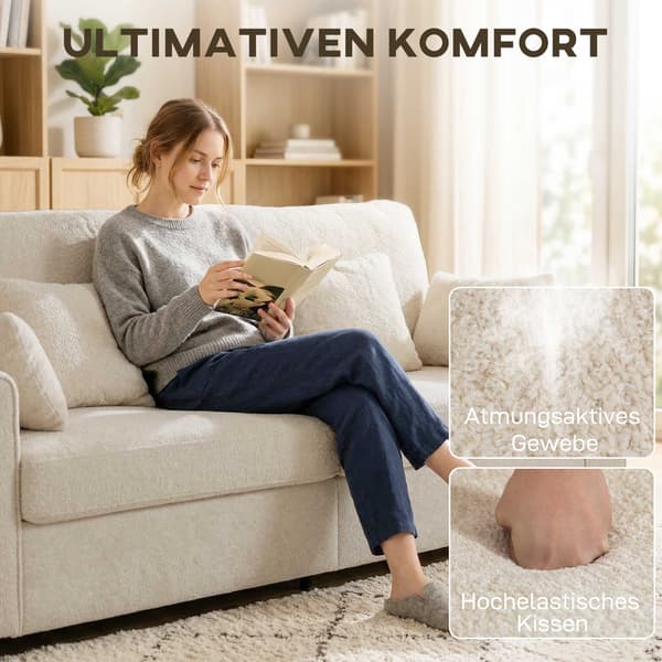 Beige 3-sitssoffa med sammetstyg och djup sits