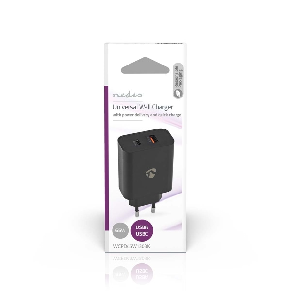 Vægoplader | 65 W | Hurtigopladningsfunktion | 2.0 / 2.25 A / 3.25 A A | Antal output: 2 | USB-A / USB-C™ | Automatisk Valgt Spænding
