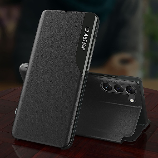 Kotelon suojus Samsung S24+:lle läpällä ja jalustalla Eco Leather View Case musta