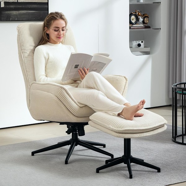 Afslapningsstol med skammel, 360° roterende tv-stol med lænefunktion, tv-stol med ledningslook, hvilestol til stue, soveværelse, beige