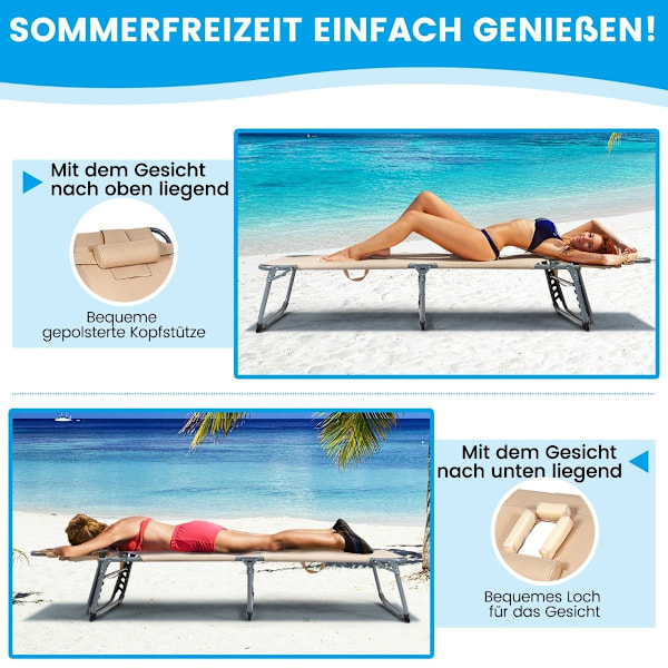 Justerbar liggestol sammenklappelig strandstol med pude 194 x 61 x 35,5 - 86,5 cm beige