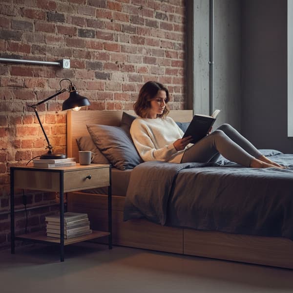 Loft sengebord med skuffe og hylde – lys eg