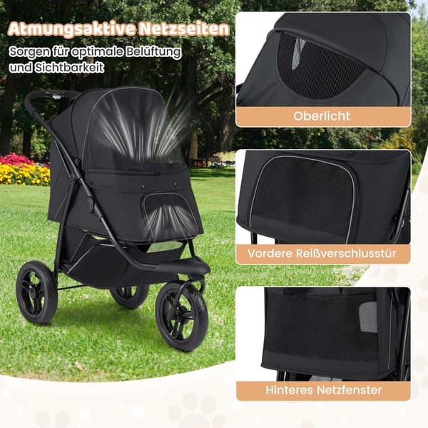 Hopfällbar husdjursvagn, 3-hjulig, 25 kg kapacitet, svart