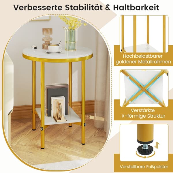 Rundt sofabord med marmorlook, 2-lags, hvid/guld