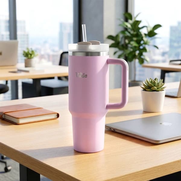 Pink rejsekrus i rustfrit stål med hank, 1,2 l