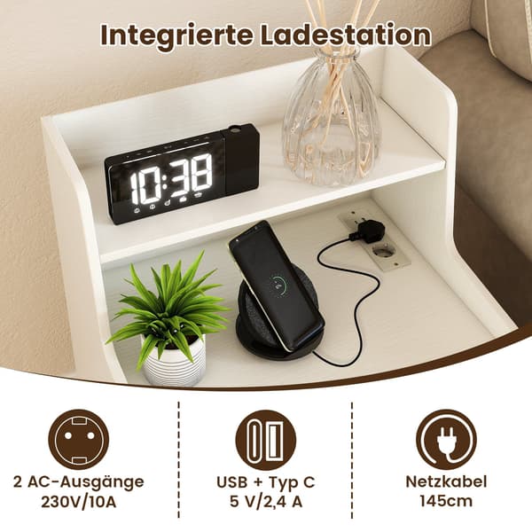 LED-natbord med ladestation, 2 skuffer, hvid