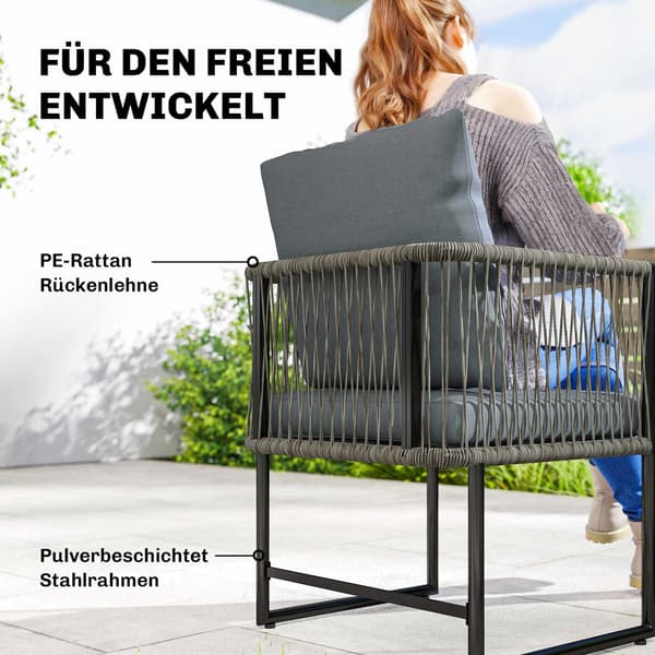 Ulkotuolisetti, teräsrunko, PE-rottinki, pehmustettu