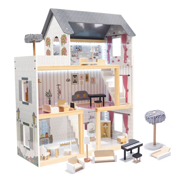 Dockhus i MDF trä + möbler 78cm svart LED