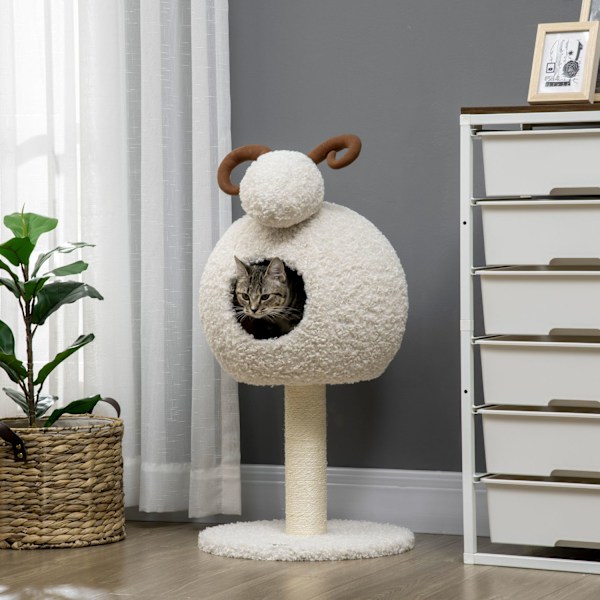 Skrapstolpe, Kattträd Med Kattgrotta, Kattskrapstolpe I Getdesign, Klätterträd Med Sisalrepstolpar, Kattmöbler, Gräddvit, 80 Cm