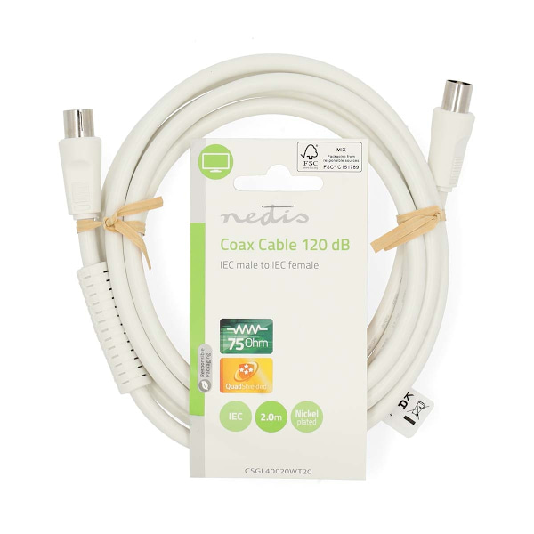 Koaxialkabel | IEC (Koax) Hane | IEC (Koax) Hona | Nickelplaterad | 120 dB | 75 Ohm | Fyra skydd | 2.00 m | Rund | PVC | Vit | Label