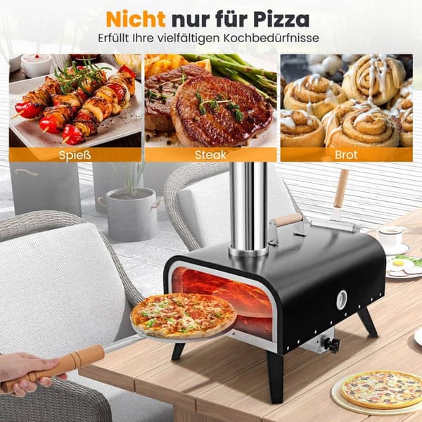 Udendørs pizzaovn i rustfrit stål med sten og termometer