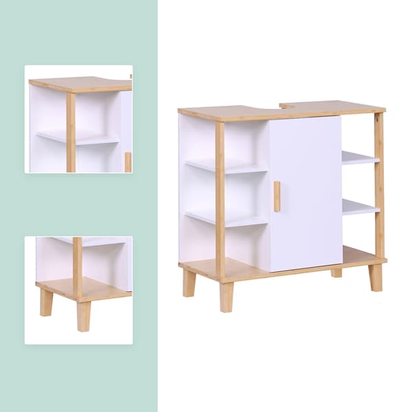 Badrumsskåp, vit MDF och bambu, hyllor och dörr