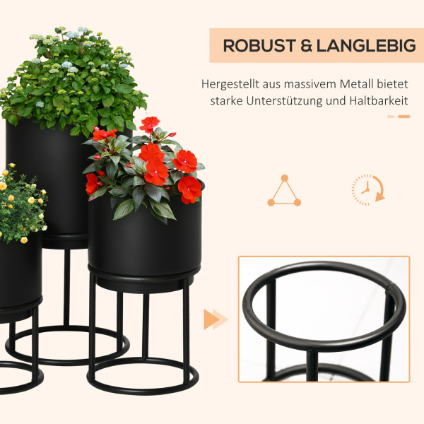 Sæt Med 3 Blomsterstandere Med Urtepotte, Metal Plantestativ Sæt, Blomstertaburet I Sort, Stabelbar