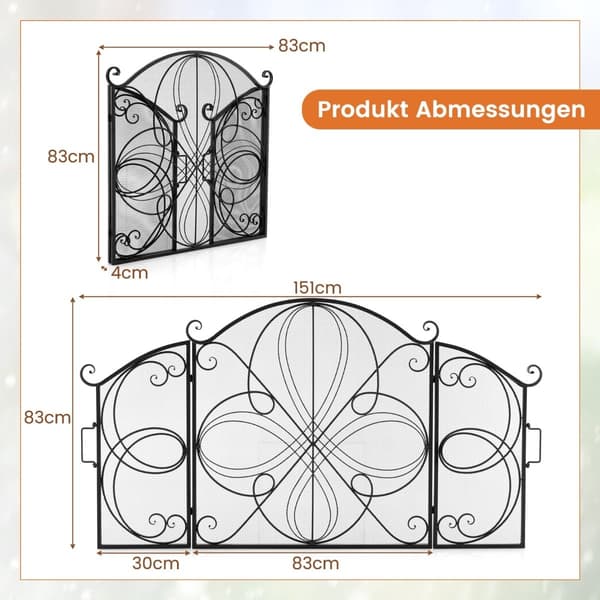 Hopfällbar eldstadsskärm med 3 paneler, blommigt metallnät, 151x83 cm