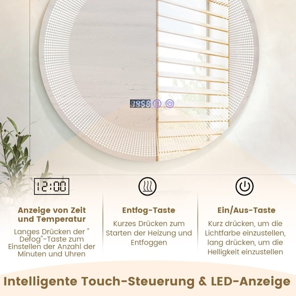 Ø 60 cm LED badeværelsesspejl med 3-farve lys & touch switch kosmetikspejl