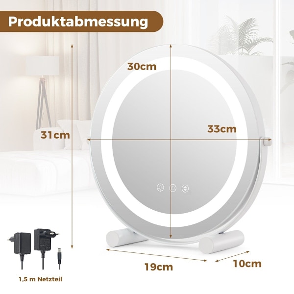Ø 30 cm Himmennettävä kauneuspeili valaistuksella & kosketuskytkimellä ja muistitoiminnolla