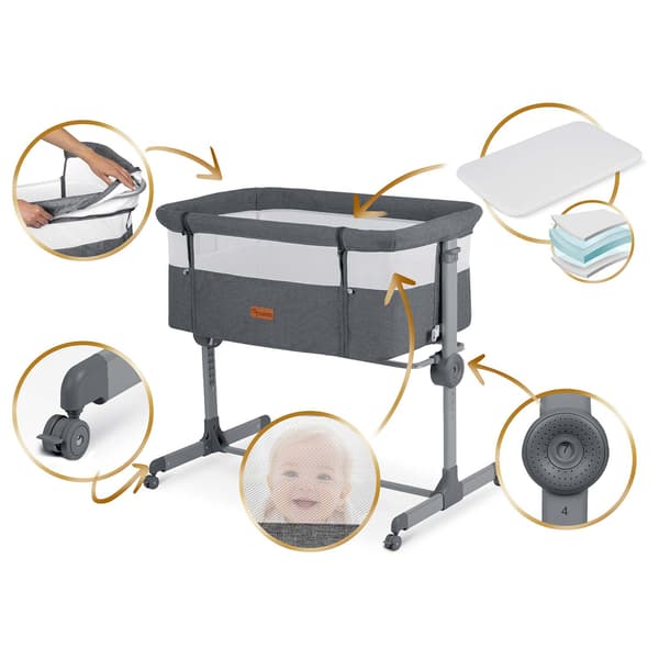 Sammenfoldelig rejse-babyseng med co-sleeper-funktion