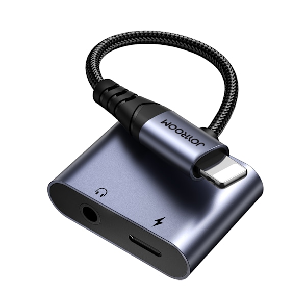 2-i-1 iPhone-adapter, laddare + Lightning-hörlurar / 3,5 mm minijack, svart