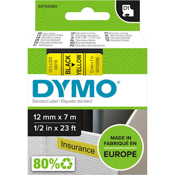 Dymo D1 - teippi 12 mm x 7 m, musta keltaisella pohjalla