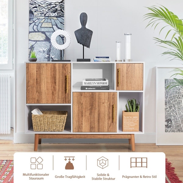 Skænk stående hylde kommode multifunktionsskab 95 x 31 x 76 cm hvid + kaffebrun