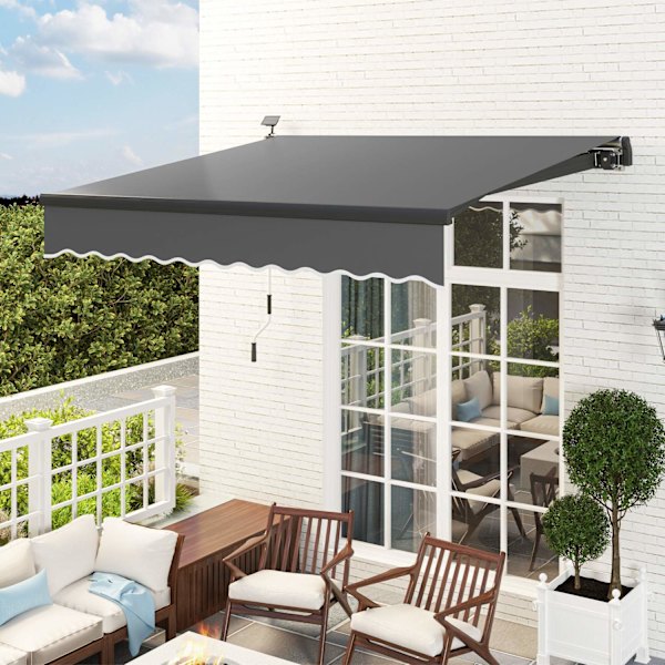 Spændemarkise med håndsving, solcellelys, foldearmsmarkise, solafskærmning, UV 50+, altanmarkise inkl. vægbeslag, solsejl, 300 cm bred til terrasse, a