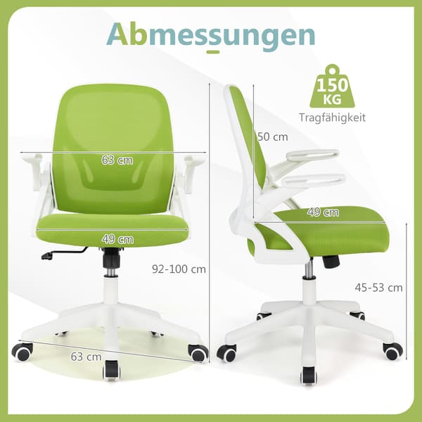 Ergonomisk kontorsstol, grön, uppfällbara armstöd, svankstöd