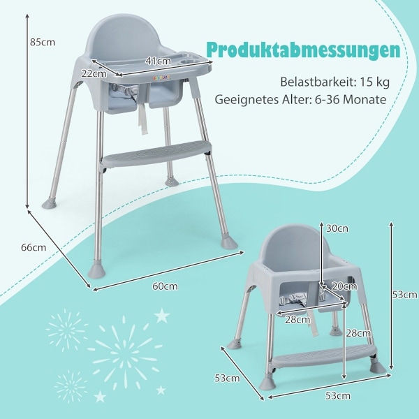 4 i 1 baby høj stol lavet af PP og rustfrit stål høj stol konvertibel med aftagelig dobbelt bakke grå