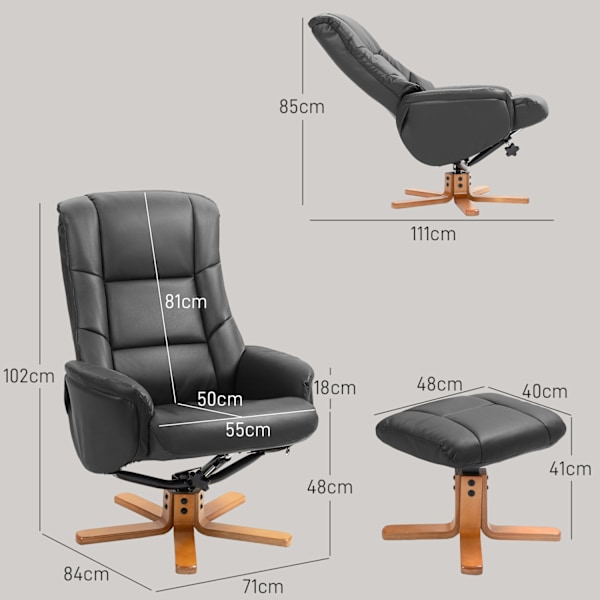 Avslappningsstol med pall, 360° vridbar, 130° tiltbar, med liggfunktion, högt ryggstöd, träram, konstläder, 76x85x104cm, svart