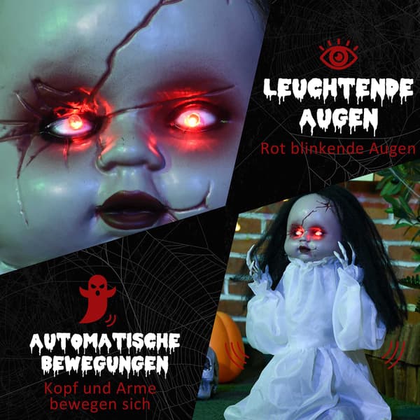 Halloween-skräckdocka med LED-ögon, ljud- och rörelsesensor, 60 cm