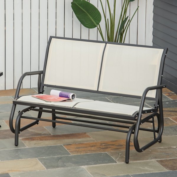 Keinutuoli 2-Istuttava Puutarhapenkki Puutarhakeinu Istuin Puistopenkki Metalli Puutarhakalusteet Musta + Beige 120 X 70 X 85 Cm