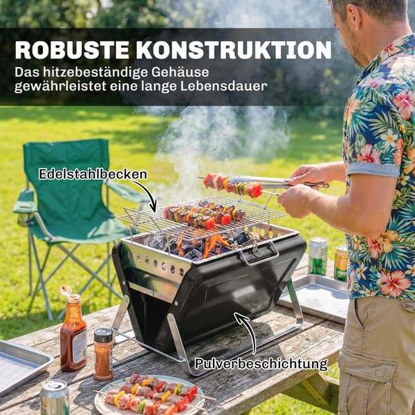 Bærbar kulgrill i rustfrit stål, foldbare ben, 40x28x25,5 cm
