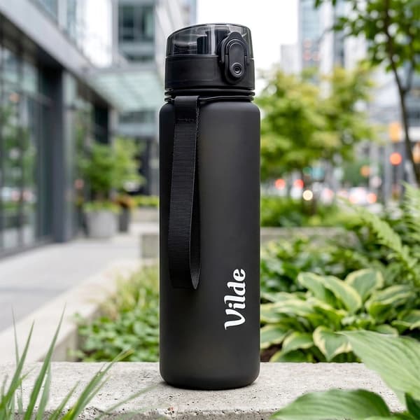 Svart vattenflaska med pip, 650 ml, läckagesäker