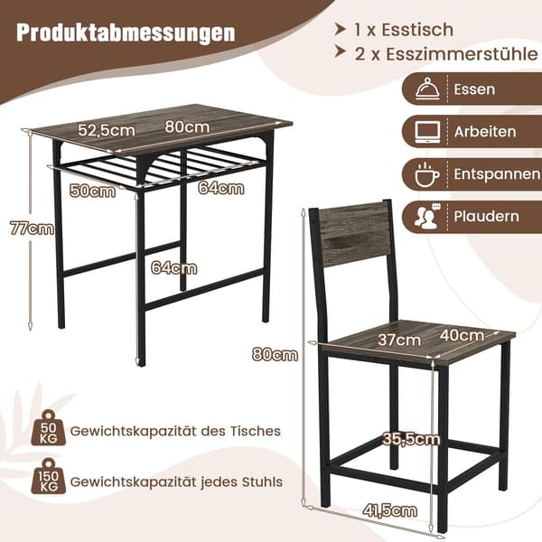 3-delad matgrupp, träbord och 2 stolar, grå