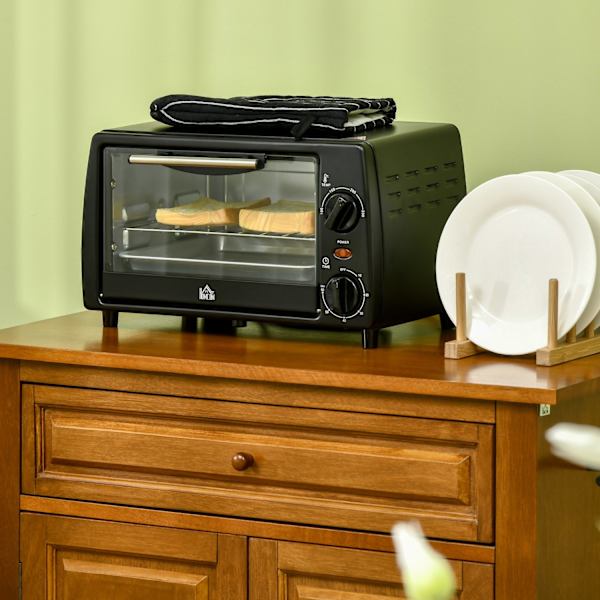 Miniovn 10 Liter 750W Lille Elektrisk Ovn Med Temperatur Op Til 230 ℃ Timer 60 Minutter Bageplade Og Stativ 36,5X26X22 Cm Sort