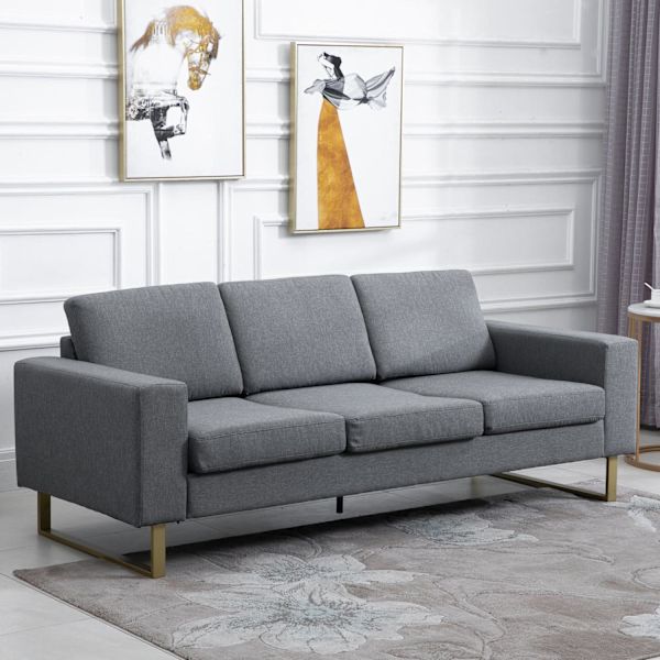 Klädd soffa 3-sits soffa tyg soffa sittplatser TV fåtölj kudde armstöd linne mörkgrå 200 x 82 x 78 cm