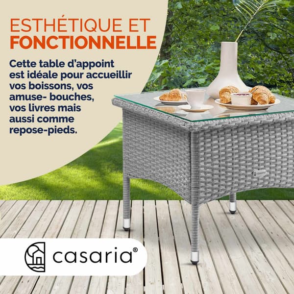 Polyrattan sidebord, gråt, 50x50x45 cm, glasplade