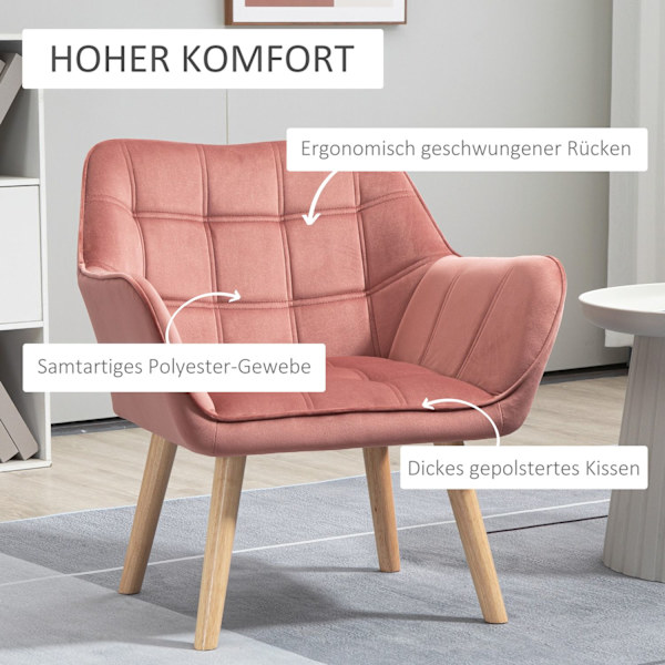 Enkeltlænestol, afslapningslænestol, lænestol med fløjlslook, hævede ben, skandinavisk polstret lænestol til stue, 68,5 x 61 x 72,5 cm