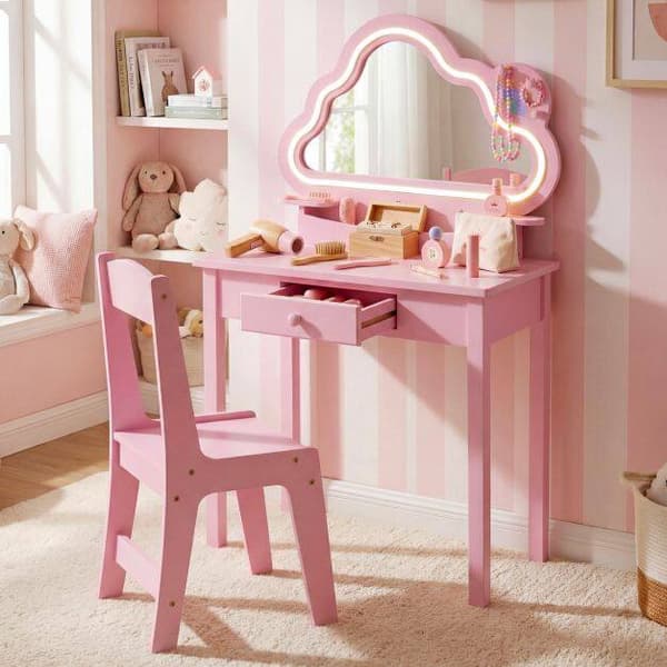 Barnmöbelset med LED-molnspegel och pall - Rosa