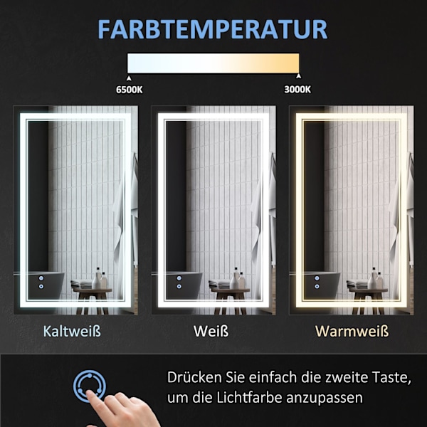 Badrumsspegel Badrumsspegel Med Led-Belysning, Touch-Omkopplare, 3 Ljusfärger, Ip44 Vattentät, 100X60Cm