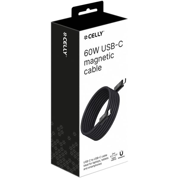 USB-C magneettipunottu kaapeli, 60W, 1m, musta