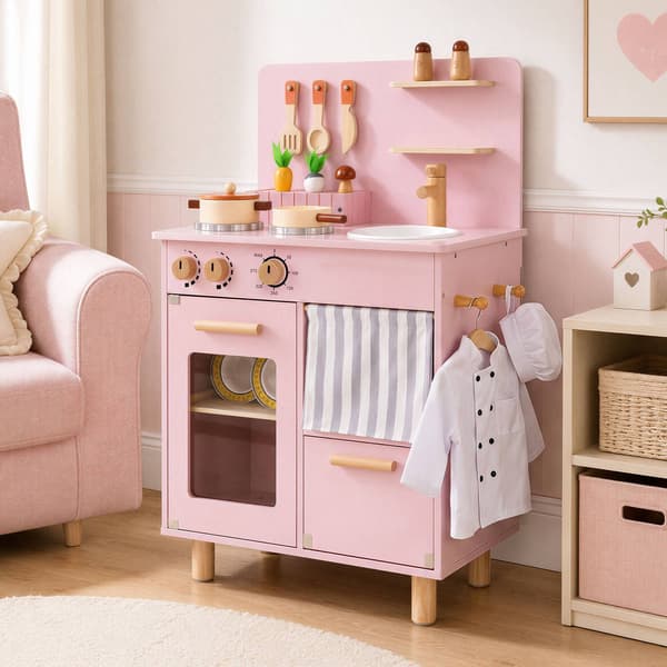 Trälekkök för barn, rosa – diskho, spis, förvaring
