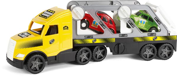 Suuri kahluuauto perävaunulla ja retroautoilla