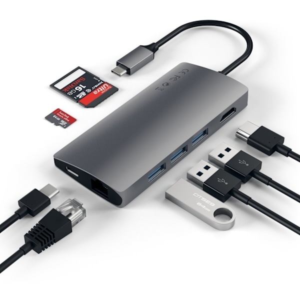 Satechi USB-C Hub, 6 porte, hukommelseskortlæsere, space grey