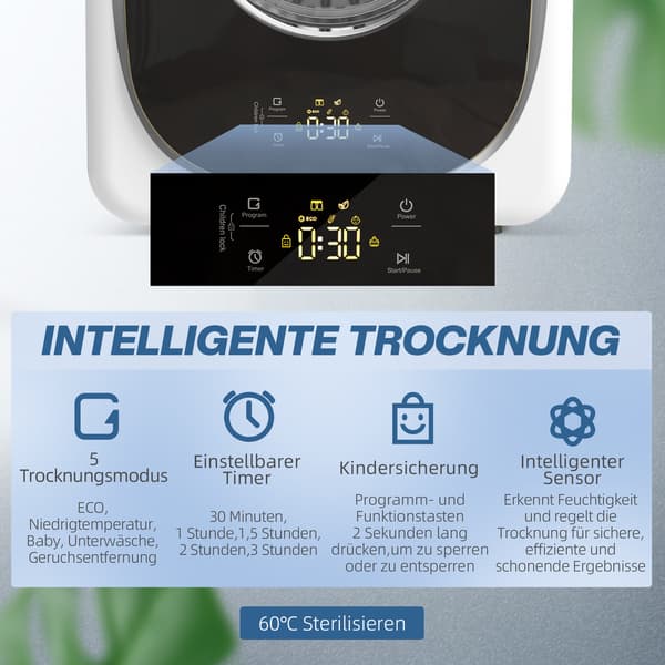 Kompakt tørretumbler, 4 kg kapacitet, 5 tilstande, timer