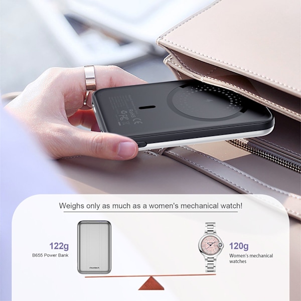 Liten lätt induktionsströmbank 5000mAh MagSafe USB-A USB-C silver
