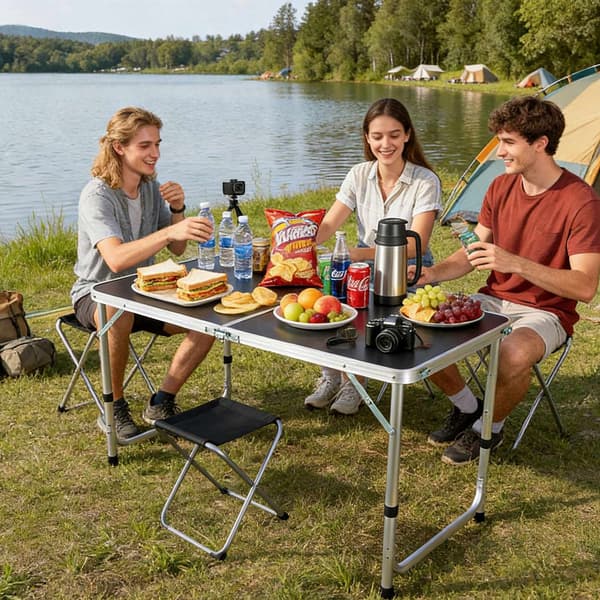 Hopfällbart campingbord med 4 pallar, justerbar höjd