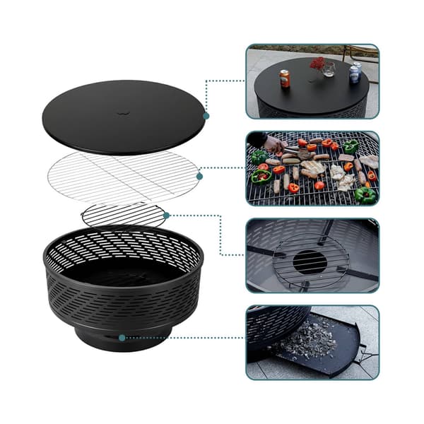 Bålskål med låg og grill – sort, rustfrit stål
