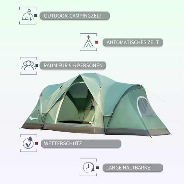 Camping Teltta 5-6 Hengelle Tunneliteltta Tapeilla, Kupoliteltta, Polyesteri, Armeijanvihreä + Musta, 4,55X2,3X1,8M